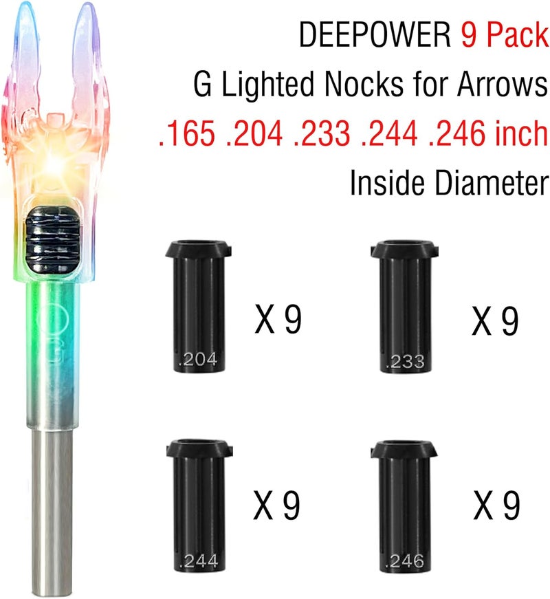 DEEPOWER Store 4/9 PCS G Lighted Nocks for Arrows .165 .204 .233 .244 .246 inch Inside Diameter with X,H,S,GT Bushings LED Lighted Nock and ON/Off Switch for Archrey Hunting and - Image 3
